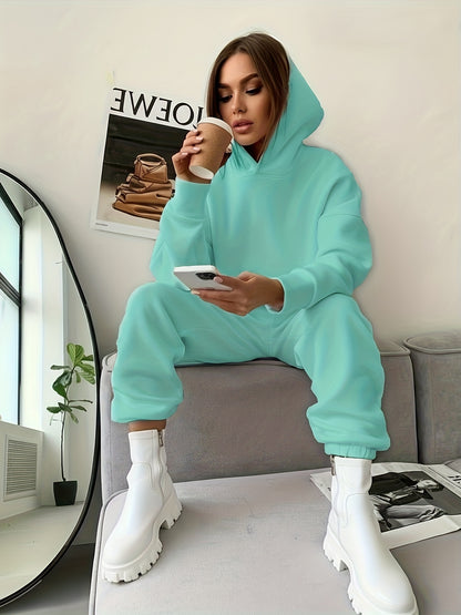 Women's Hooded Fleece-Lined Polyester Pant Set for Fall/Winter - ayq