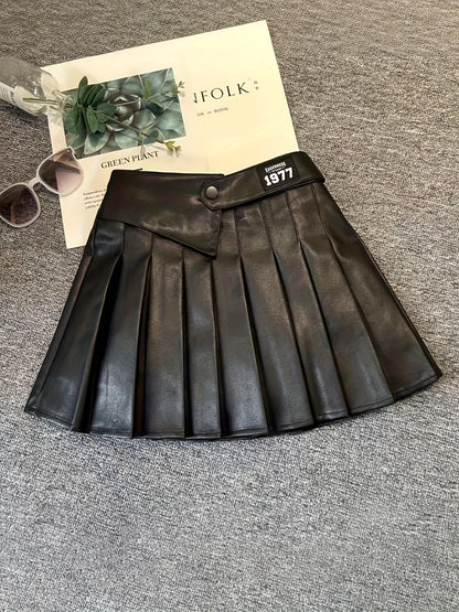 Girls' Preppy A-Line Cotton Pleated Skirt with Belt, Black