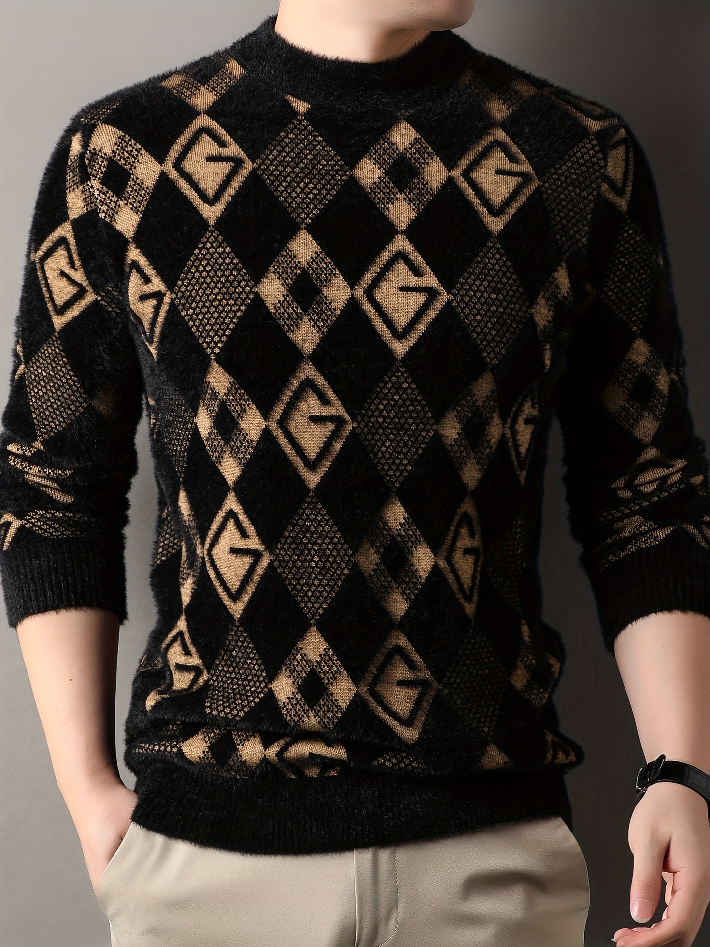 Maqiqi OBM Men's New Autumn/Winter Knit Pullover, Plaid Pattern Men's Sweater with Letter Decoration, Faux Mink Fur Round Neck Long Sleeve Men's Top, Soft and Comfortable Fabric, Suitable for Casual Outings, Men's Gift