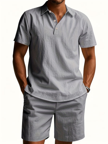 Essential for a Cool Summer! Men's Linen Shirt & Shorts Set, Comfortable Casual Outing Choice - Simple Beach Vacation Style Solid Color Linen