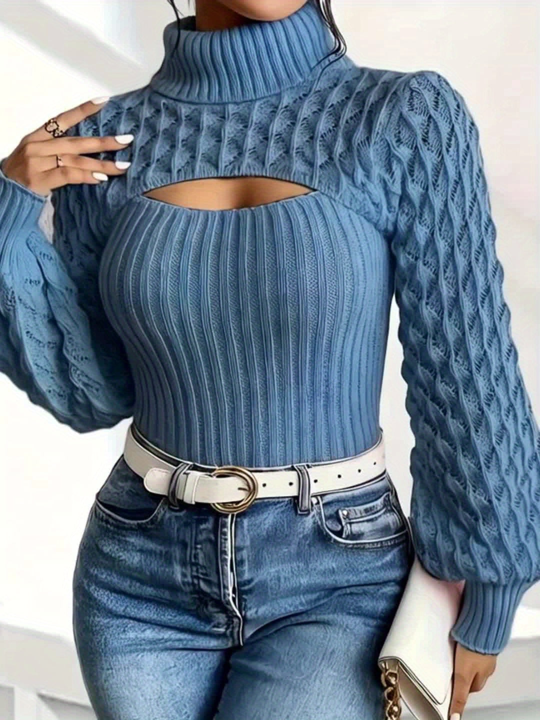 Casual High Neck Solid Color Lantern Sleeve Sweater | Short Length, Rib, Pullover Style, Suitable for All Seasons