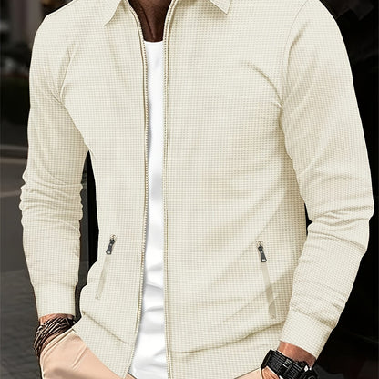 Men'S Lightweight Waffle Knit Long Sleeve Zip-Up Jacket - Breathable Golf & Running Top with Pockets, Casual Sporty Design for Outdoor Activities, Spring/Fall, Golf Jacket, Active Lifestyle Apparel, Classic Collar Style, Dura