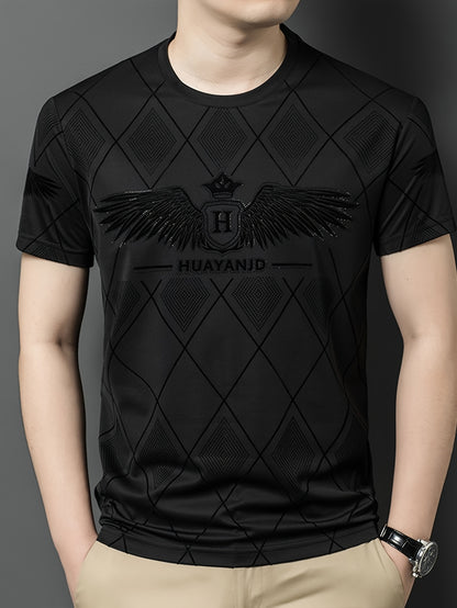 SINBOS Men's 2025 Summer Short Sleeve T-Shirt - Black Casual Graphic Print Tee with Wing  HUYAND Logo Design, Breathable Stretch Fabric, Round Neck Regular Fit for Casual Attire, Nontransparent Material, Relaxed Fit, Trendy