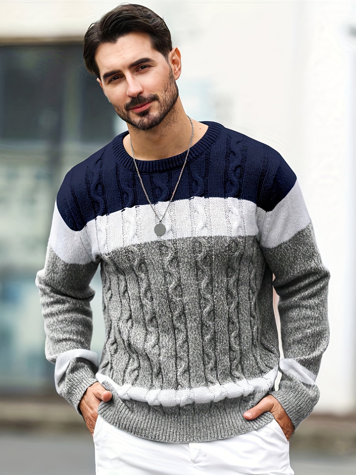 Men's Autumn/Winter Casual Color-Block Twist-Knit Pullover Sweater