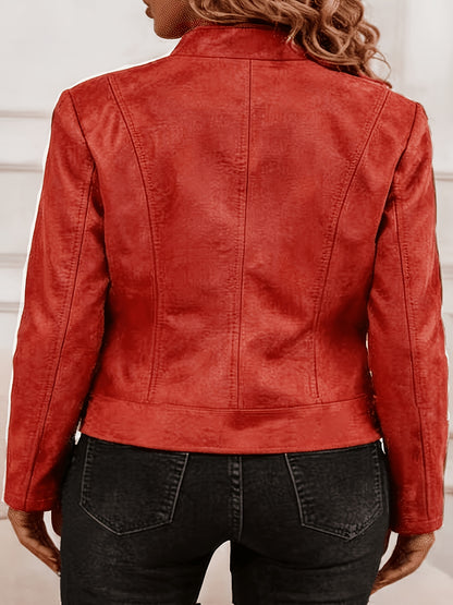 Plus Size Elegant Biker Jacket with Metallic Zipper for Spring/Fall