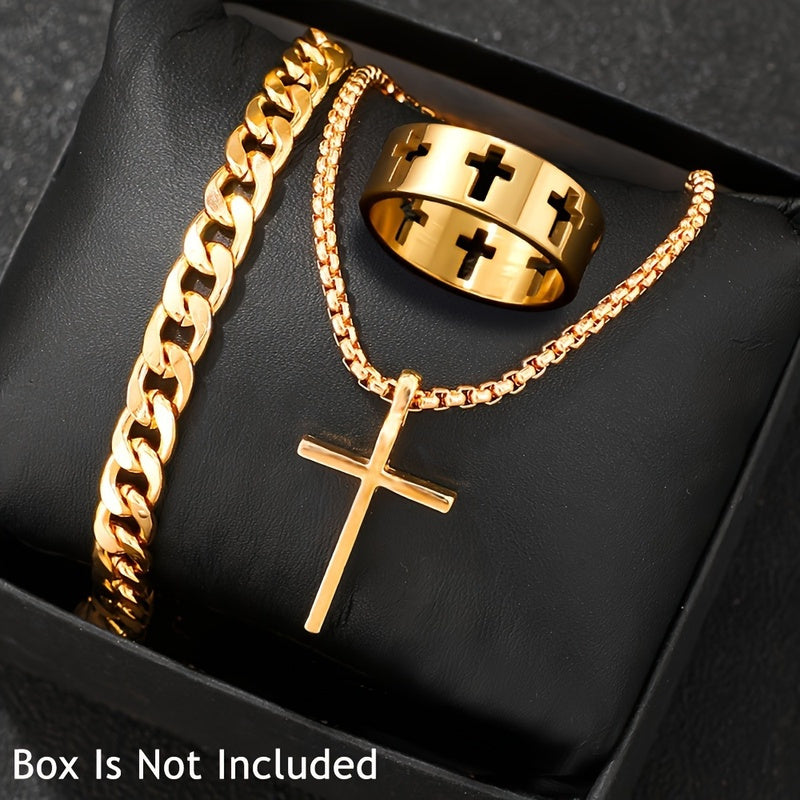 3pcs 's Fashion Jewelry Set: Hip Hop Bracelet, Necklace & Ring - Alloy Gift for Boyfriend/Husband, for Teenager