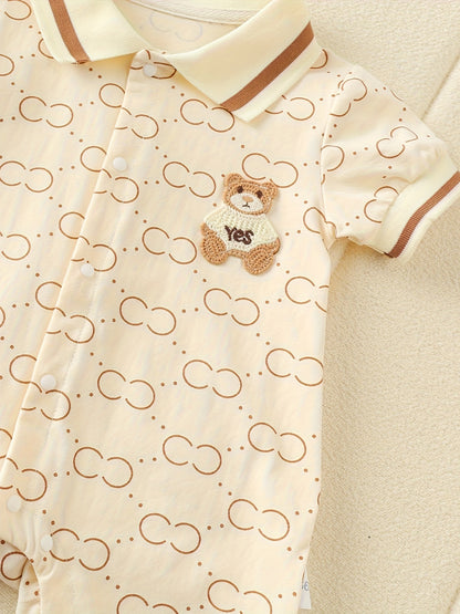 Girls' Summer Cotton Romper with Bear Print and Lapel