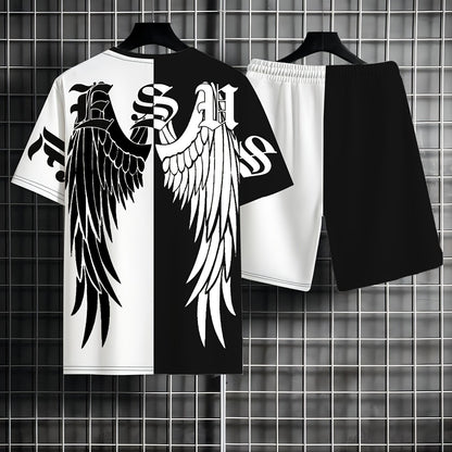 Men's Summer Fashion 2pcs Set: Gothic Wings Print T-Shirt & Shorts - Casual Beachwear, Athletic Loungewear, Machine Washable