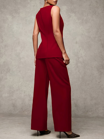 Women'S Elegant Two-Piece Office Set - Sleeveless Top with Button Details & Wide-Leg Pants, Black & White Striped, Perfect for Summer & Autumn, Office Attire|Sleeveless Top|Button Detailin