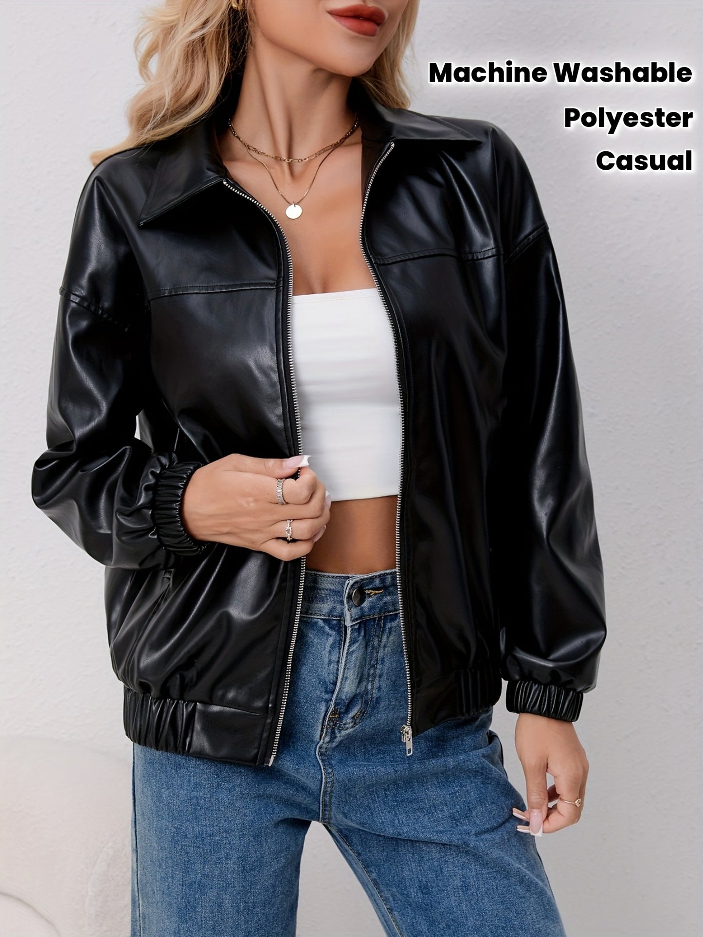 Women's Soft Stretch Polyester Casual Jacket - Relaxed Fit Long Sleeve Zipper Front with Pockets, Machine Washable Spring/Fall Outerwear for Casual Attire