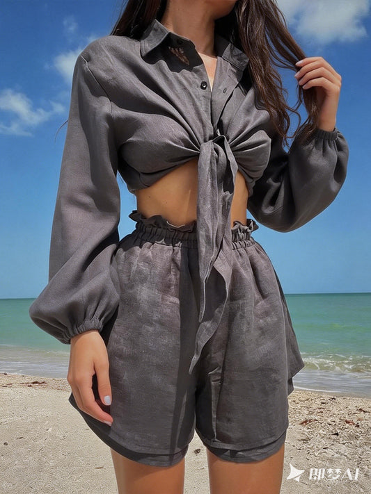 Women's Casual Long Sleeve Shirt & Shorts Set, Solid Dark Gray