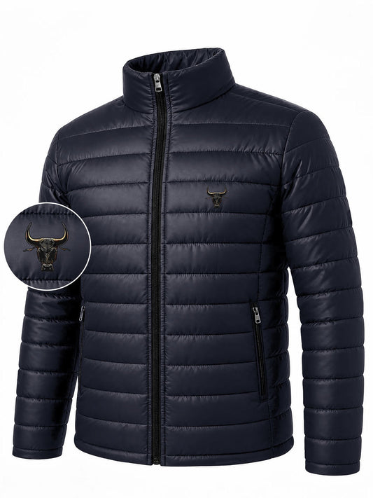 Men's Stand Collar Padded Jacket with Bull Head Print for Fall