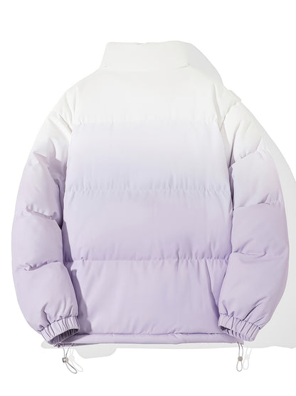 1pc Men'S Street Style Stand Collar Coat, Alphabet Print, Regular Fit, Drawstring Detail, Non-Stretch Woven Polyester, 100% Polyester Filler, Long Sleeve Casual Warm Gradient Jacket for Autumn and Winter