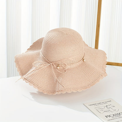 Women's Wide Brim Straw Sun Hat with Accents & Adjustable Ribbon - Protection Lace Trim Beach Wedding Casual Outdoor Hat for All Seasons