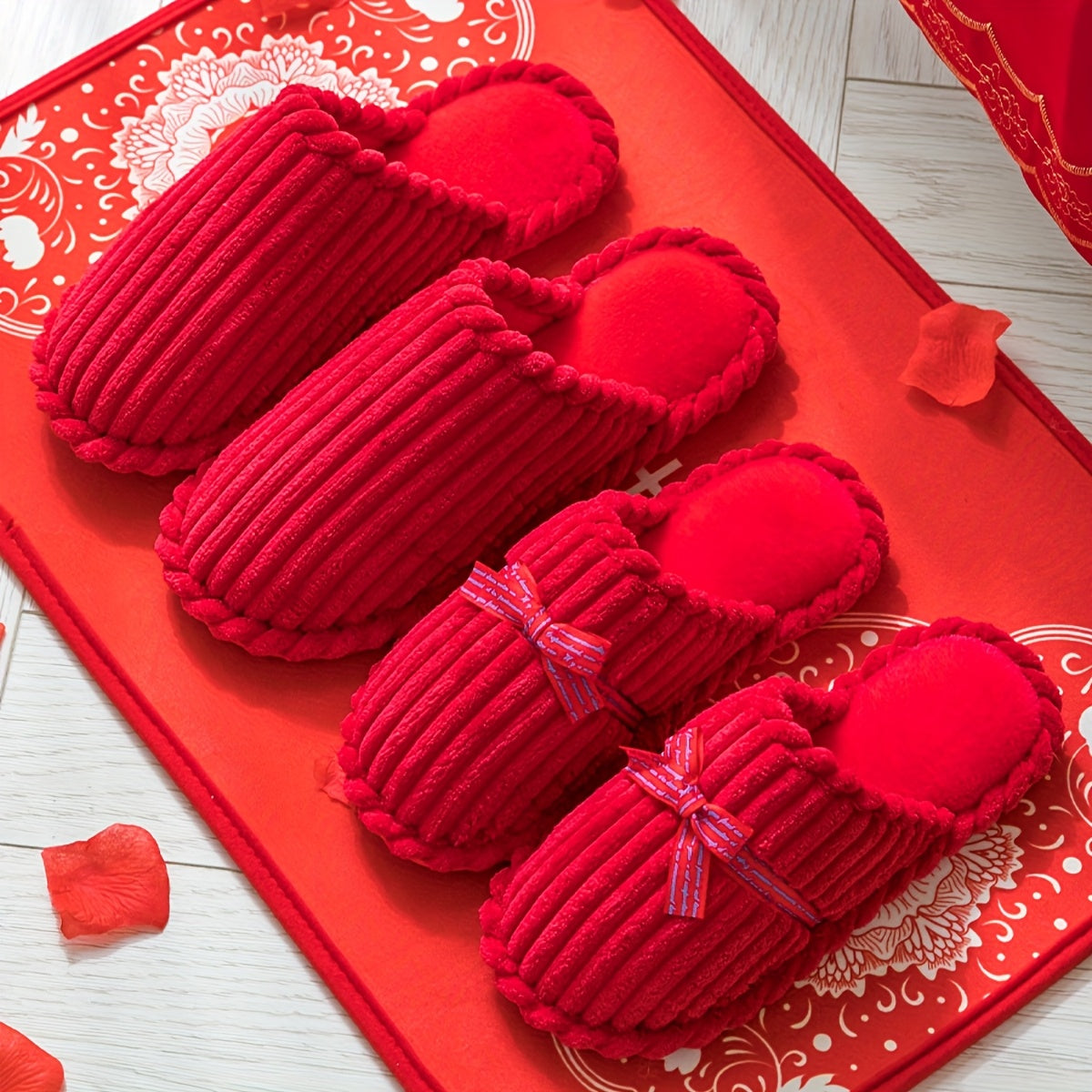 Jialiya Red Festive Simple Slippers - Warm, Versatile Winter Footwear for Women, Perfect for Outdoor Walks and Indoor Home Use, Minimalist and Stylish Design with a touch of Elegance.