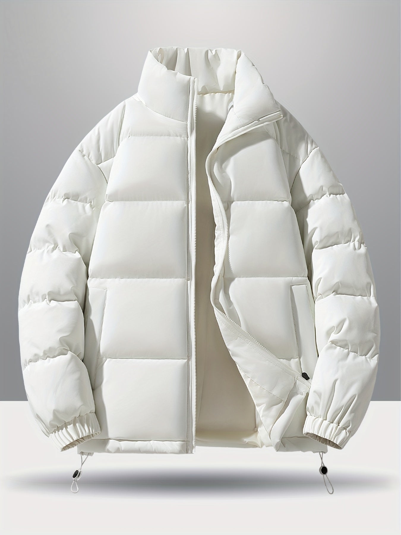 Men'S 2025 New Casual Jacket - Black, Stand Collar, Zip-Up, Long Sleeve, Polyester Filled, Winter Coat with Adjustable Drawstring Hood