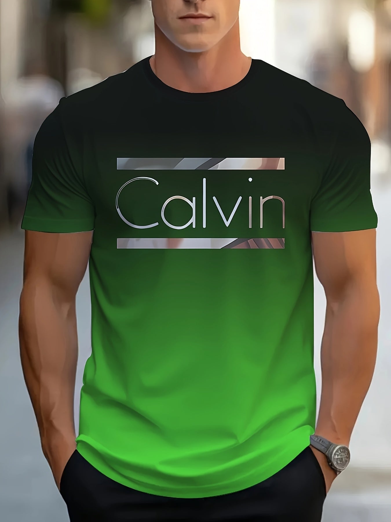 Men'S "Calvin" Graphic T-Shirt - Casual 3D Print Letter Tee with Geometric Design, Short Sleeve, Round Neck, Light Blue, Perfect for Summer, Everyday  Sportswear, Casual Wear Tee   Modern Casualwear   Comfortable Fit