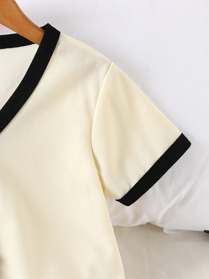 Girls' Casual Two-Piece Set: Color Block V-Neck Shirt & Pants