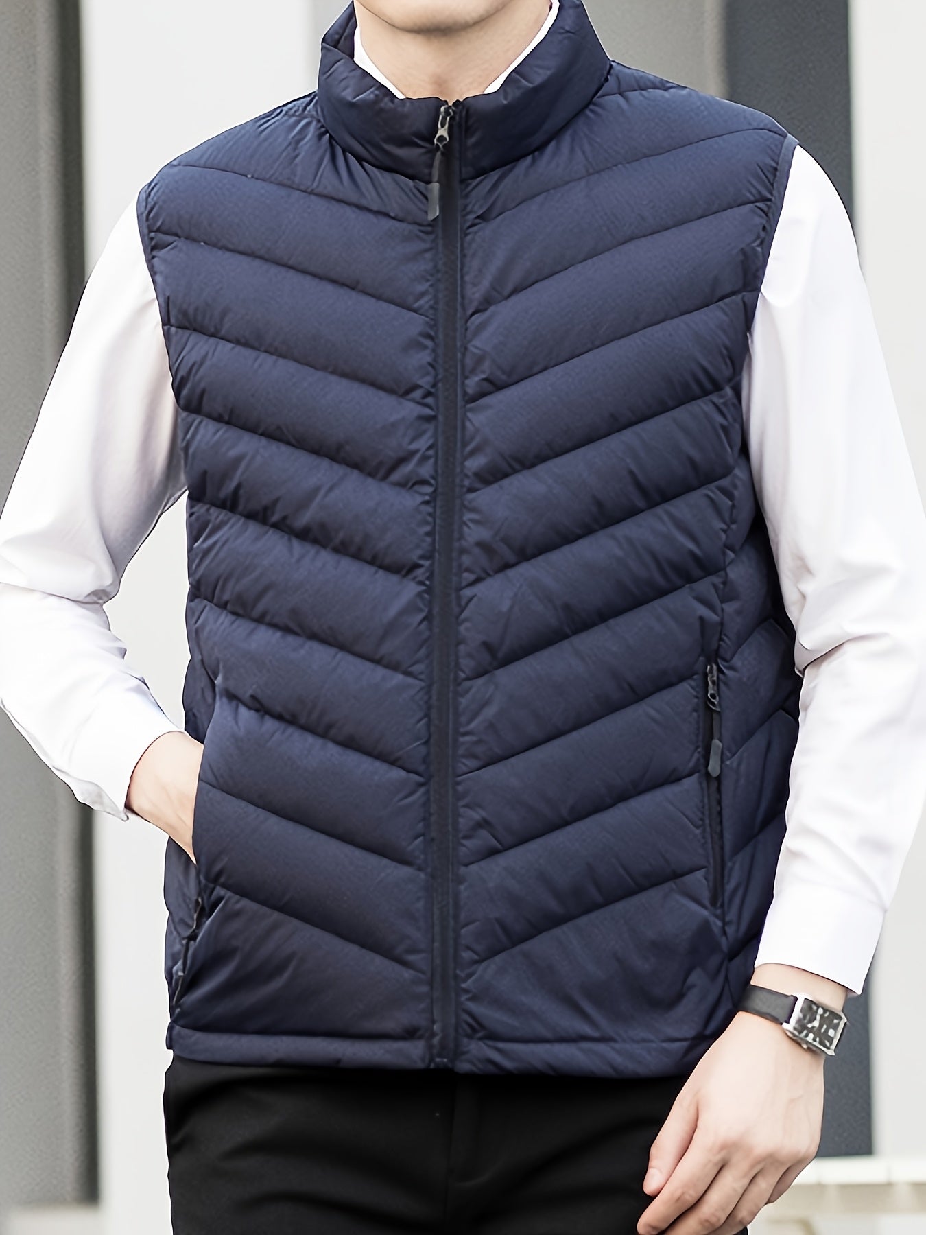 Men's Winter Sleeveless Warm Vest Jacket, Casual Fashion Zippered Multi-Pocket Solid Color Stand Collar Black Thermal Gilet for Autumn/Winter Outdoor Leisure Sports Hiking Lightweight Waistcoat Coat