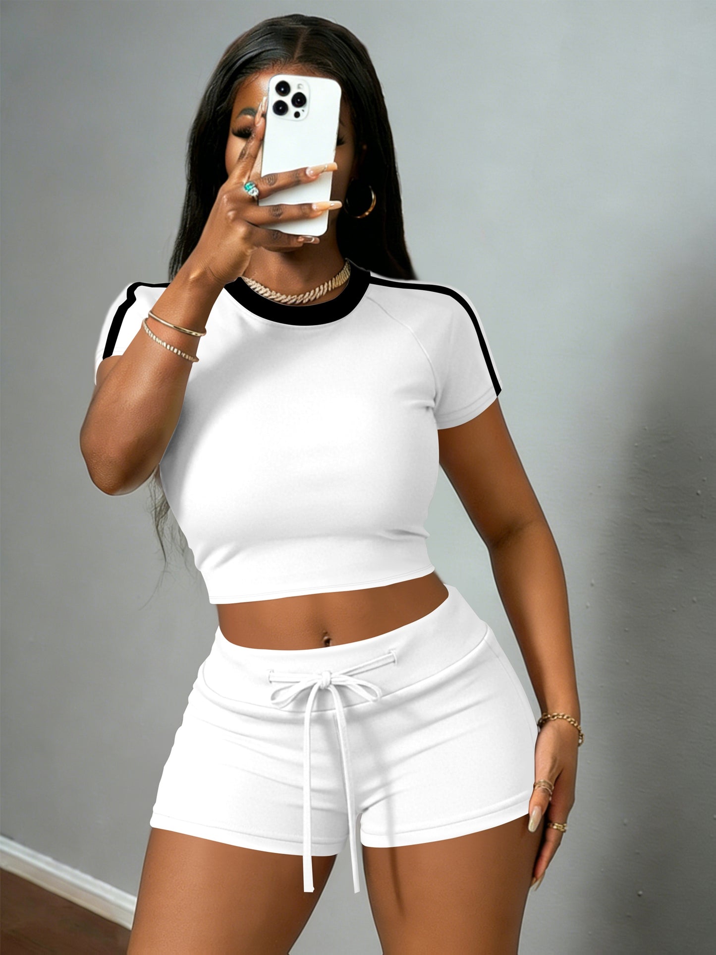 Women's Casual Crop T-Shirt & High-Waist Drawstring Shorts Set