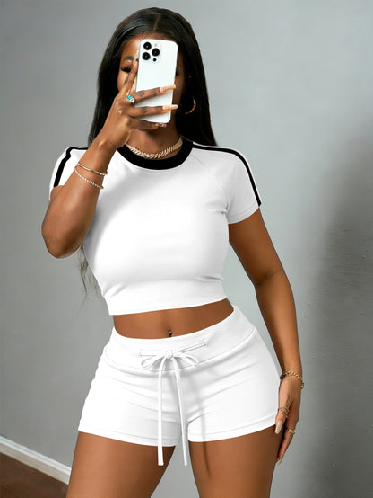 Women's Casual Crop T-Shirt & High-Waist Drawstring Shorts Set