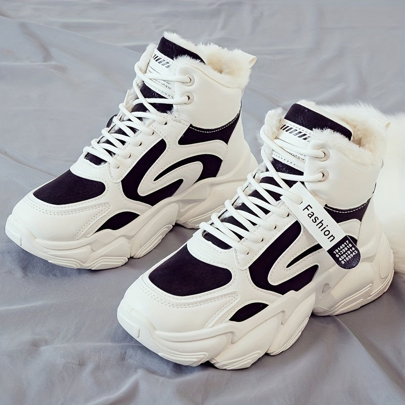 Women's Plush Fleece-Lined High-Top Sneakers - Thick-Soled Winter Warm Lace-Up Shoes with PU Upper & Cushioned PVC Sole, White/Black/Grey Chunky Dad Shoes (Cozy Round Toe) - Instagram Trendy Winter Footwear by I Trend
