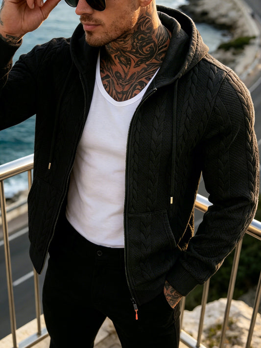 Men's Cable Knit Hooded Jacket Casual Fall Winter Outerwear