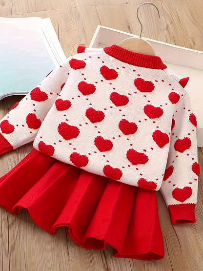 Girls' Red & White Knitted Dress with Ruffled Collar & Heart Patterns - Slim-Fit All-Season Party Wedding Outfit, Elastic Button-Front Bodice & Flared for New Year's Performances ( to)