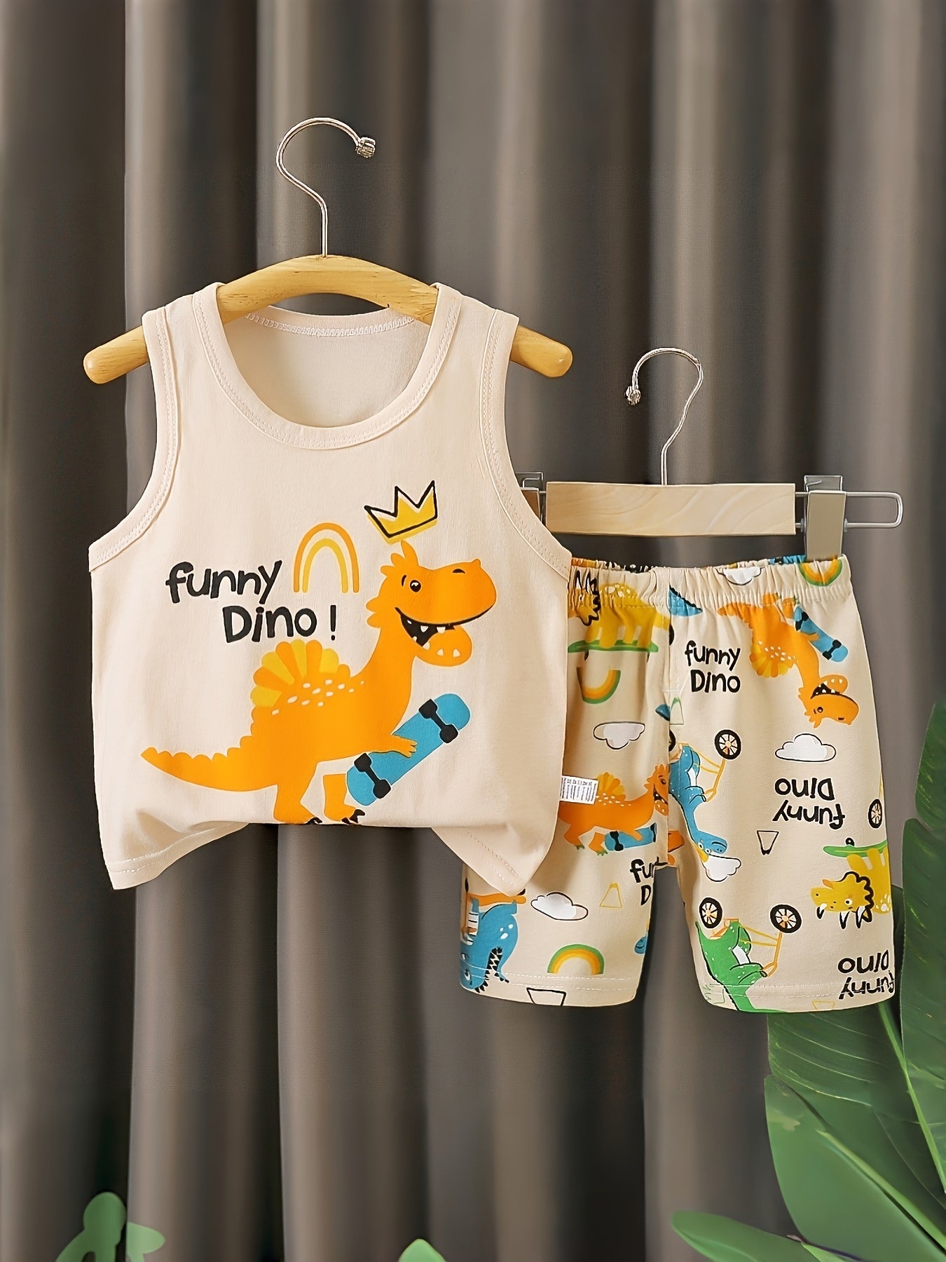 Boys' Summer Dinosaur Print Cotton Vest & Shorts Set