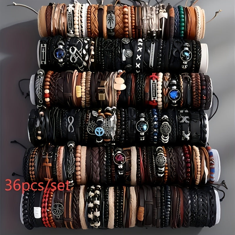 4/18/36pcs Vintage Fashion Faux Leather Bracelet Western Punk Style Beaded Wristband, Handwoven DIY Random Styles