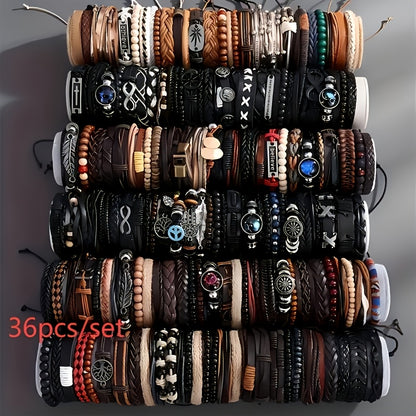 4/18/36pcs Vintage Fashion Faux Leather Bracelet Western Punk Style Beaded Wristband, Handwoven DIY Random Styles