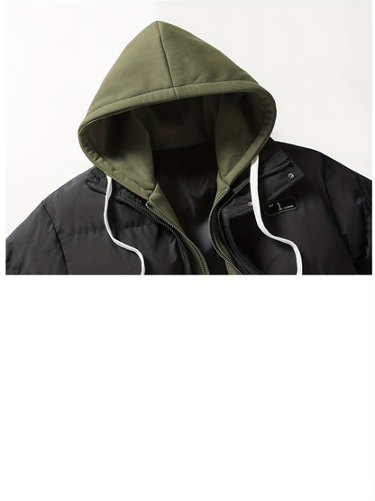 Men's Autumn and Winter Casual Fashion Faux Two-Piece Outerwear, Trendy Thickened Warm Comfortable Hooded Jacket