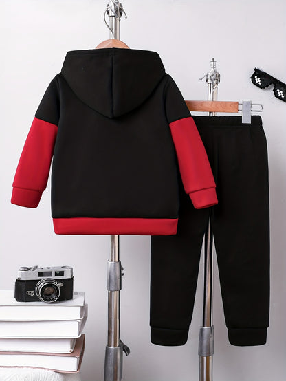 2pcs Boys' Autumn/Winter Fleece-Lined Hooded Zip-Up Jacket and Pants Set with Bird Print, Simple Color Block Design with Pockets, Fashionable Sporty Outfit for Outdoor Activities and Daily Wear, 100% Polyester Knit Stretch Fa