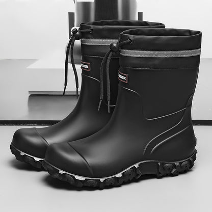 Men's Waterproof PU Rain Boots with Fleece Lining, Mid-Calf