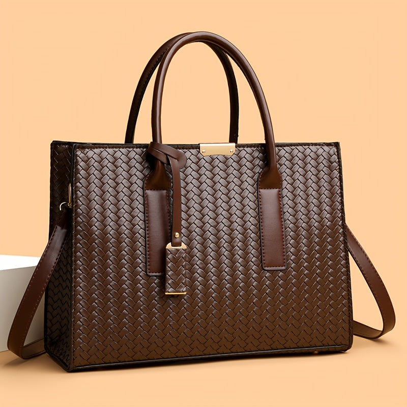 Large Woven Ladies Handbag with Removable Strap and Metal Buckle