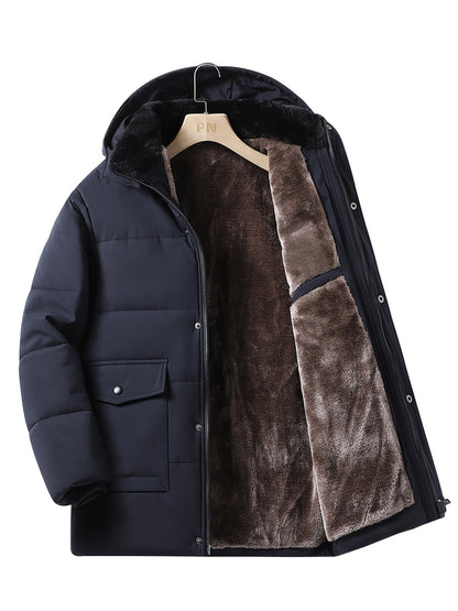 Men's Heavy-Duty Winter Hooded Jacket with Fur-Like Collar & Pockets - Navy Blue/Brown Coat, Golden-Tone Zipper Closure, -Filled Casual Outerwear for Cold Weather (Hand Wash/Dry Clean)
