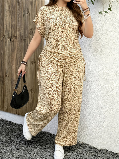Leopard Print Casual Long Pants Set with Side Drawstring