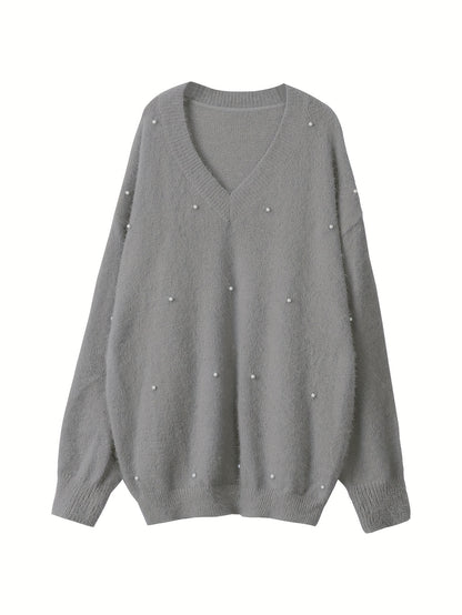 Plus Size - Women'S Cozy Yellow V-Neck Sweater with Pearl Buttons & Fleece-Lined Cuffs - Asymmetrical Hem, Geometric Pattern, Casual Winter Pullover for Casual Attire, Winter Apparel | Vneck Sweater | Pearl Button Details, Sw