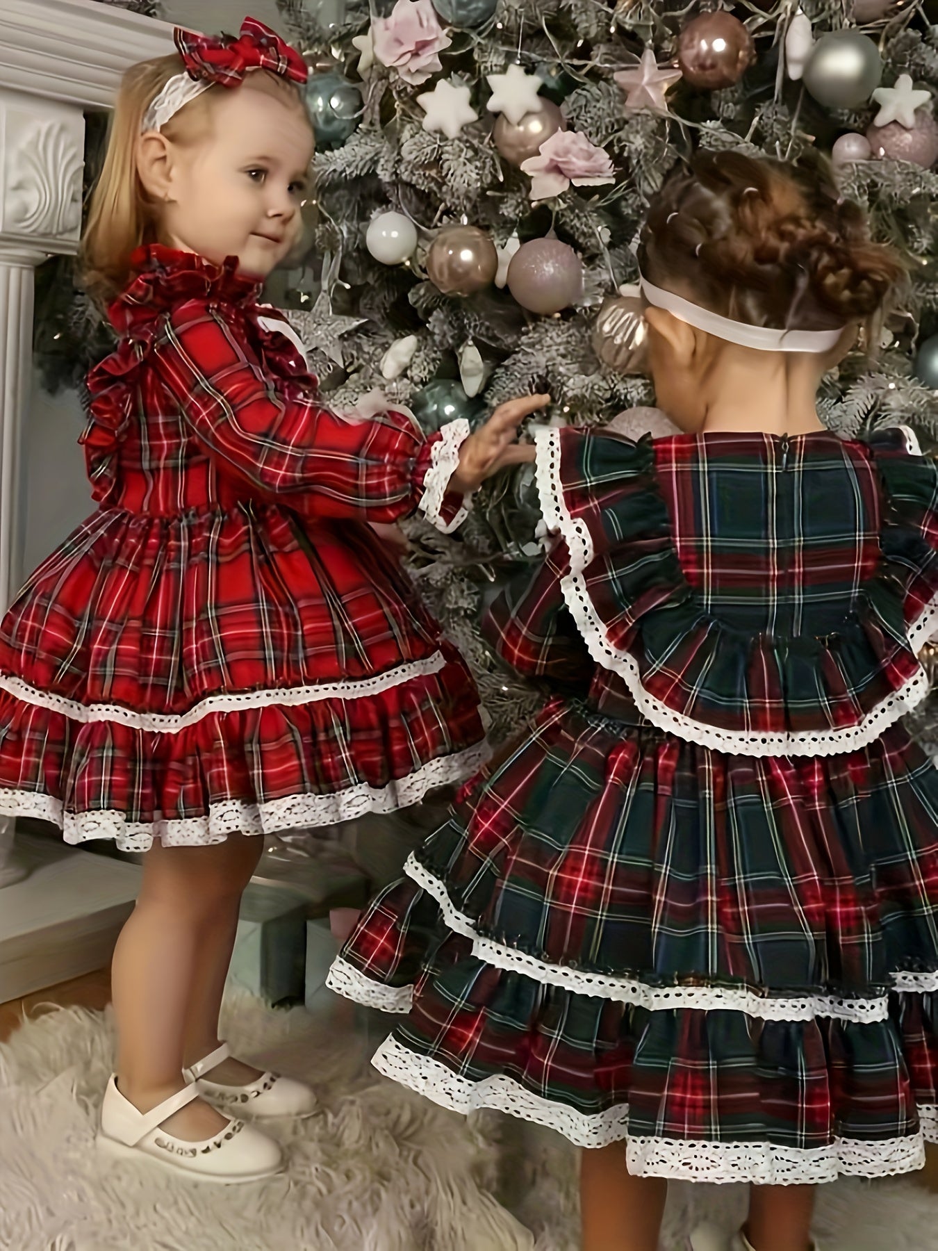 Girls' Plaid Tartan Puffed Sleeve High-Low Neck Ruffled Hem Dress with Ruffled Collar & Lace Trim - Plaid Princess Party Dress with Skirt, Machine Washable Winter Formal & Everyday Outfit for Christmas, New Year's, Easter - S