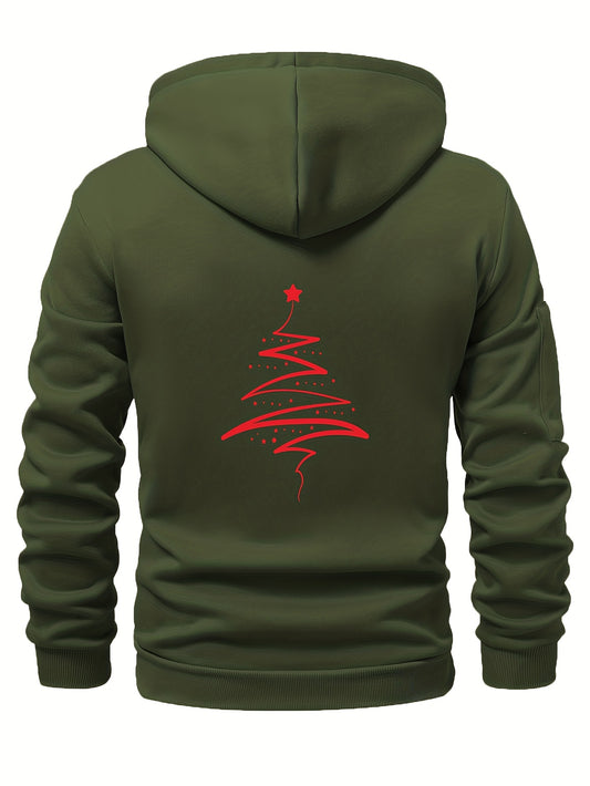 Men'S Minimalist Red & Christmas Tree Print Hooded Sweatshirt - Long Sleeve Casual Pullover with Piping, Regular Fit Winter Warmth for Holiday Parties, Outdoor Activities & Casual Attire, Christmas Sweatshirt, Seasonal Fashio