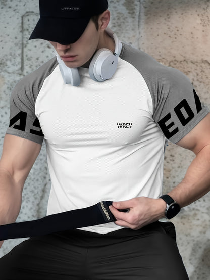 Men's Quick-Dry Breathable Mesh Sports T-Shirt - Summer Gym Workout Top with Contrast Black  White Sleeves  for Man Letter Print, Slim Fit for Running Training Casual Wear, Breathable Running Gear   Sporty Casual Tee   Mesh