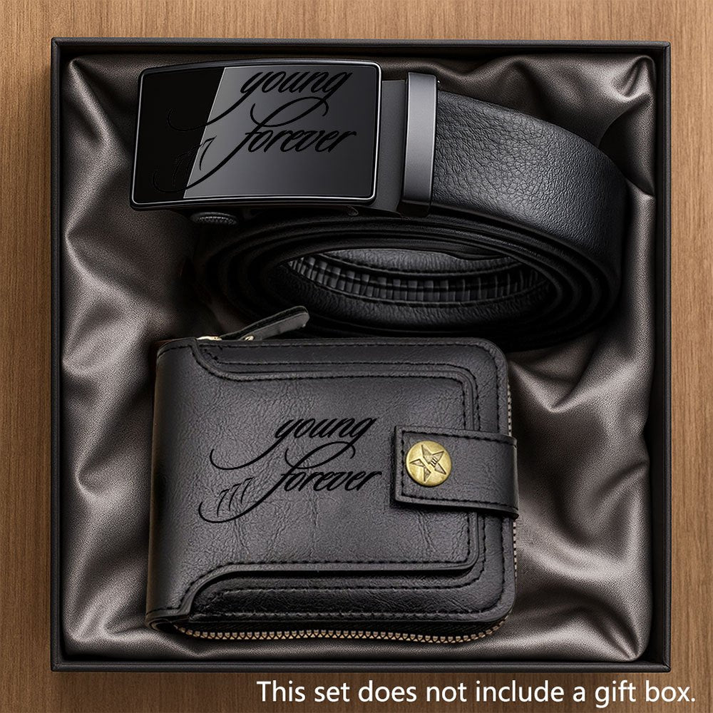 2pcs Men's Belt and Coin Purse Set, Young Forever Series with Exquisite Print Design, Premium Business Combo, Unisex Fashion Accessories for Daily Use, Perfect Gift for Dad