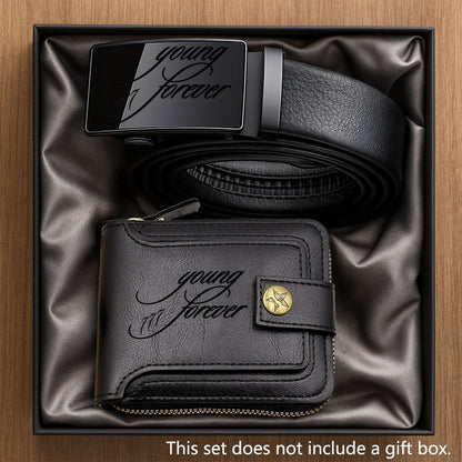 2pcs Men's Belt and Coin Purse Set, Young Forever Series with Exquisite Print Design, Premium Business Combo, Unisex Fashion Accessories for Daily Use, Perfect Gift for Dad