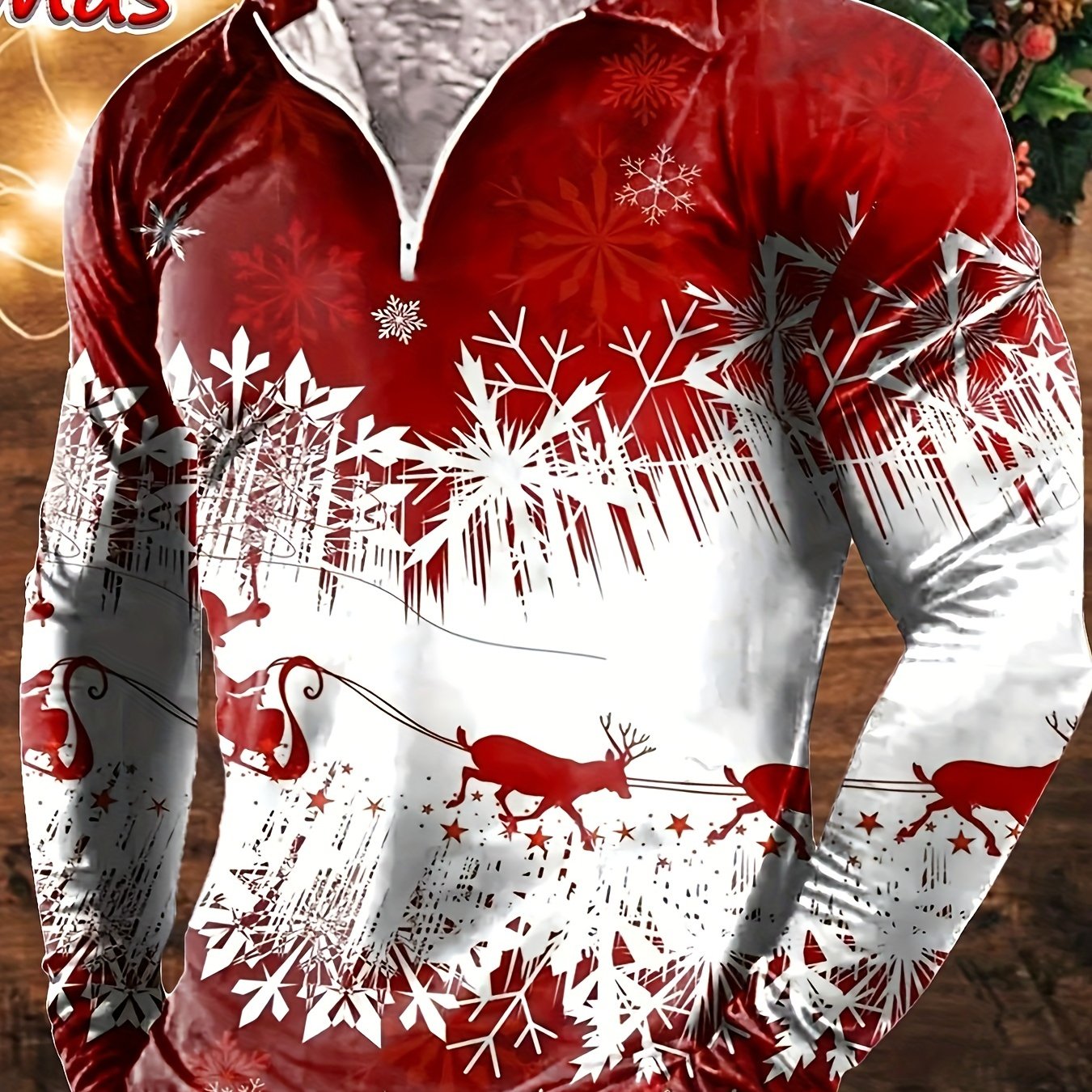 Men's Long Sleeve Christmas Themed Shirt with Zipper, 100% Polyester Knit Fabric, Regular Fit Party Style Collar Top for Spring/Fall