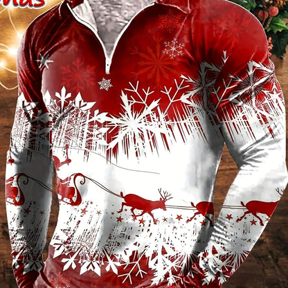 Men's Long Sleeve Christmas Themed Shirt with Zipper, 100% Polyester Knit Fabric, Regular Fit Party Style Collar Top for Spring/Fall