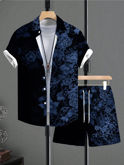 Men's Summer Casual Print Shirt and Drawstring Shorts Set