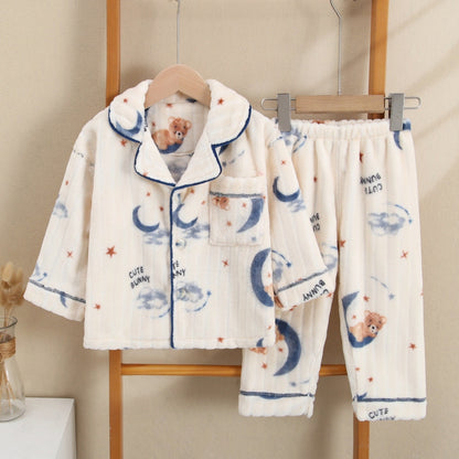 2025 New Autumn And Winter Boys' Home Clothes Two-Piece Baby Pajamas Set Flannel Thick Velvet Thickened Moon Bear Pattern Pocket Button Style Cold-Proof Thermal Underwear