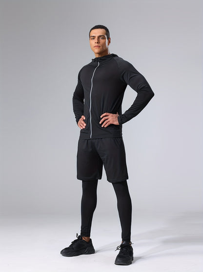4pcs Athletic Sportswear Set, Polyester 95% Elastane 5% Knit Fabric, All-Season Crew Neck Hoodie, Skinny Fit Solid Color, Breathable Quick-Dry for Running, Fitness, Cycling & Outdoor Activities