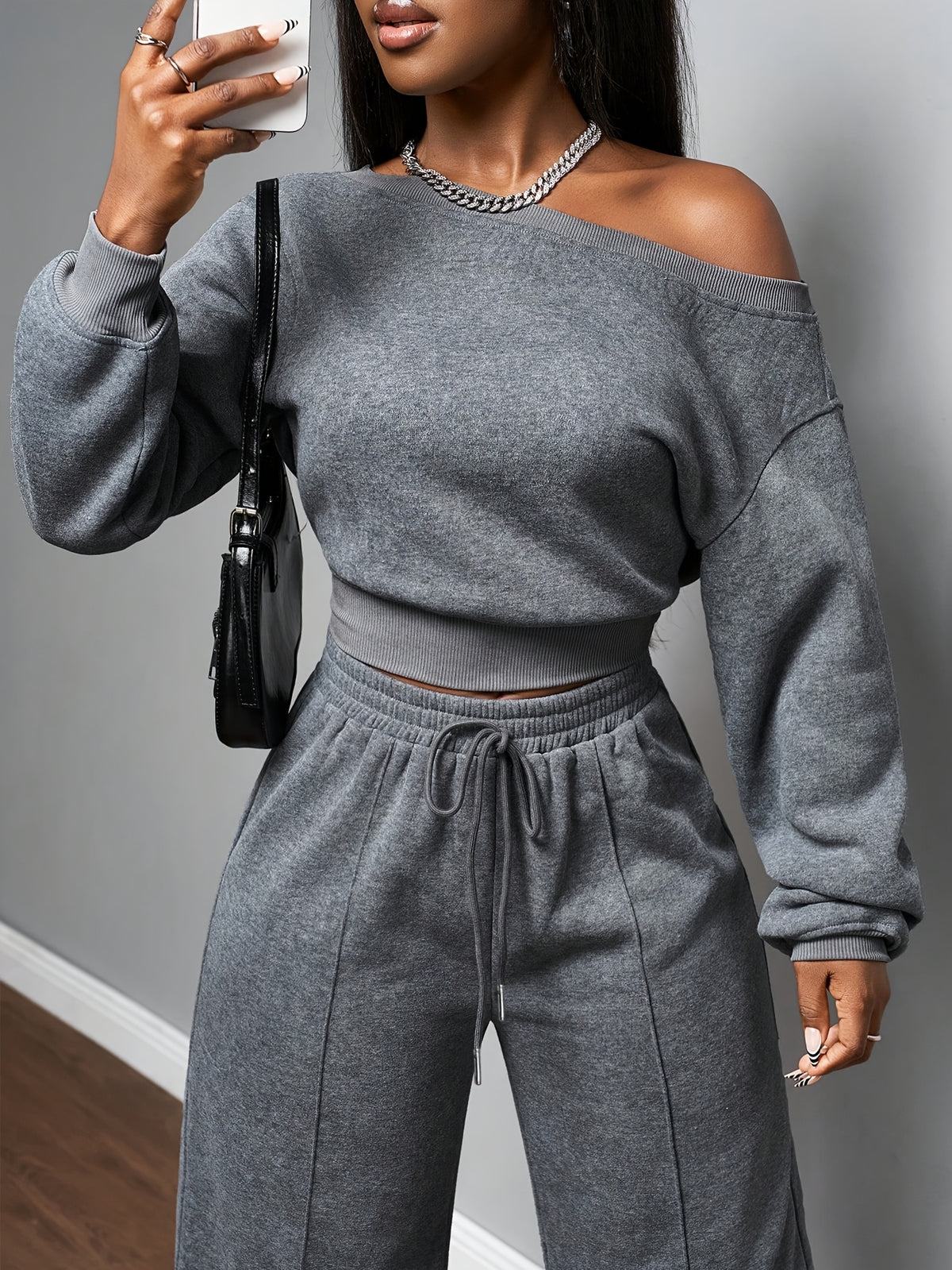Women's Casual Off-Shoulder Sweatshirt & Wide-Leg Pants Set - ayq