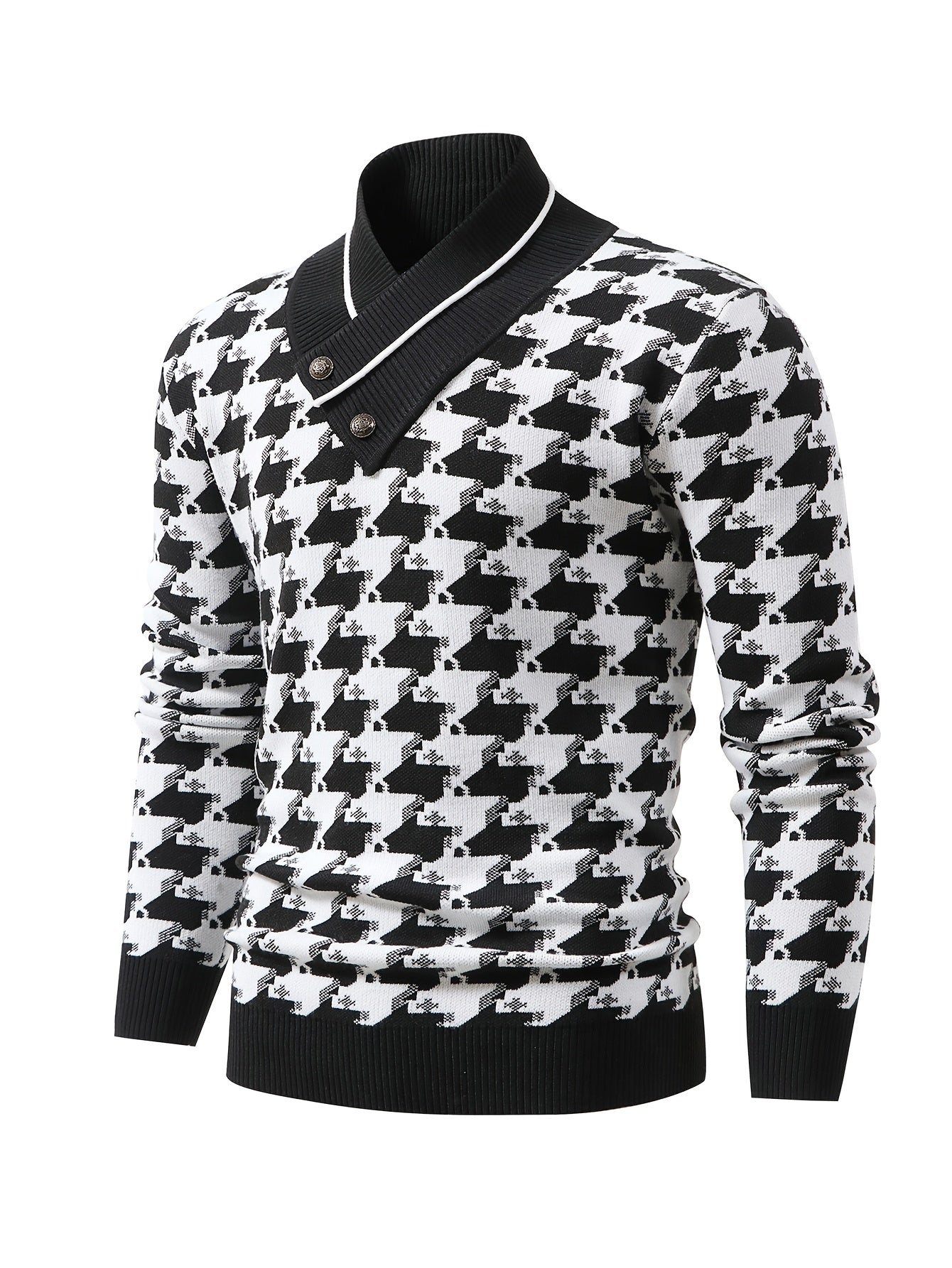 Temujin OBM Men's Fashion New Houndstooth Jacquard Knit Long Sleeve Pullover Sweater